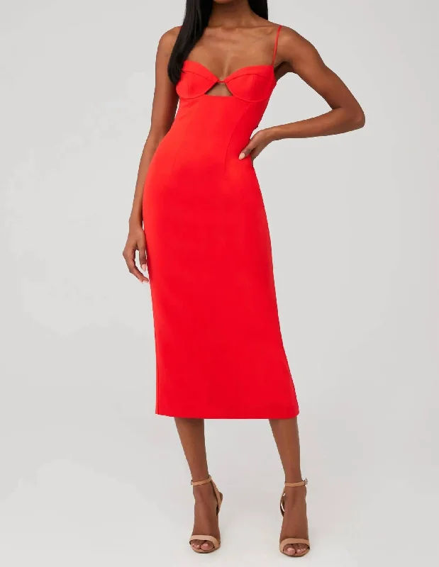 Vienna Midi Dress In Fire Red Fashionable Floral Embroidery Midi Dress