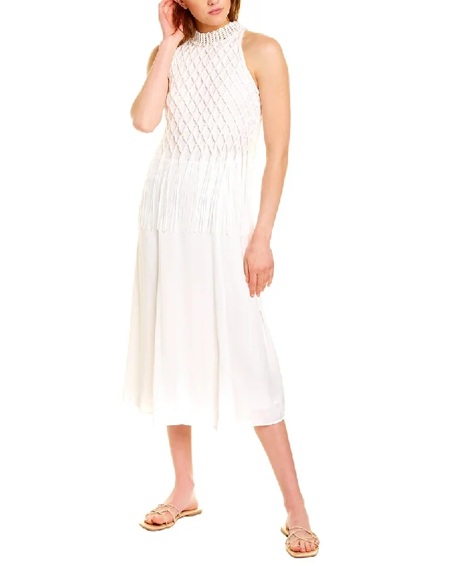Vince Crochet Fringe Mixed Media Midi Dress Elegant Floral Appliqué Midi Dress