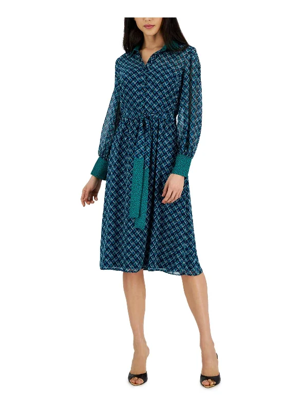 Womens Chiffon Pattern Midi Dress Elegant Pleated Sleeve Midi Dress