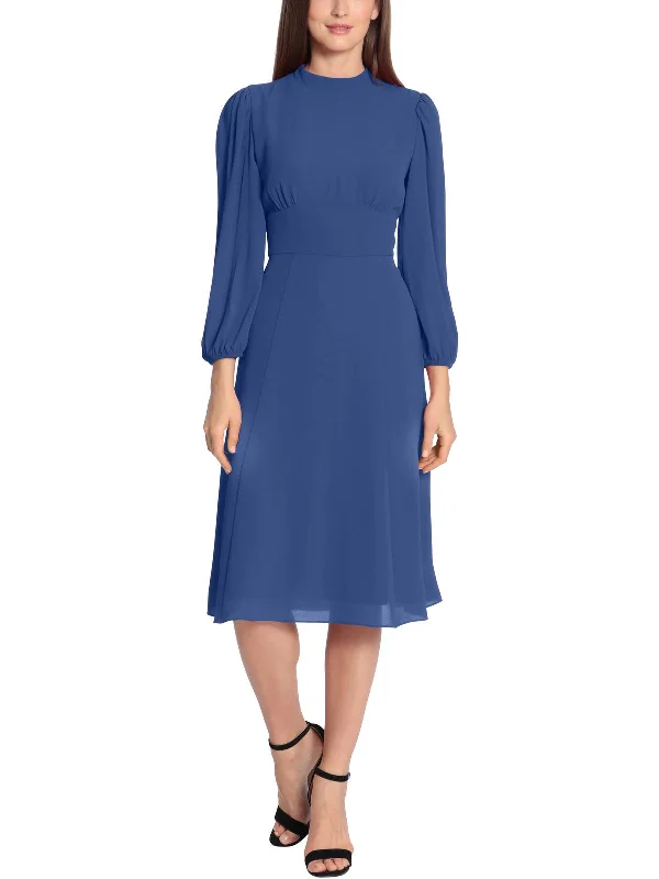 Womens Crepe Mock Neck Midi Dress Trendy Smocked Waist Midi Dress
