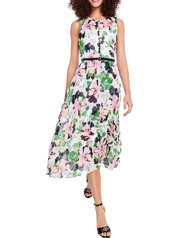 Womens Floral Fit & Flare Midi Dress Stylish High-Waisted Midi Dress