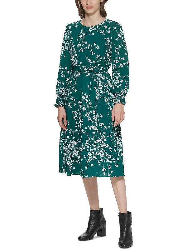 Womens Floral Print Pleated Midi Dress Trendy Long Sleeve Midi Dress