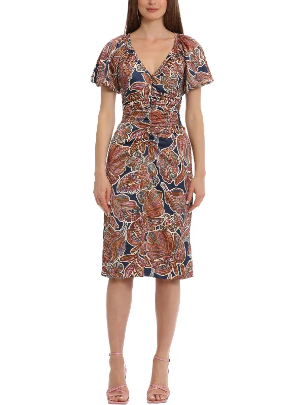 Womens Floral Ruched Midi Dress Fashionable High-Low Midi Dress