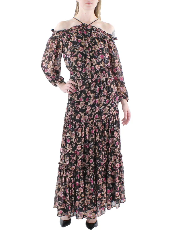 Womens Floral Smocked Midi Dress Chic Lace Detail Midi Dress