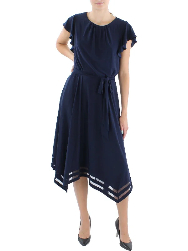 Womens Illusion Hem Calf Midi Dress Comfortable Fit-and-Flare Midi Dress