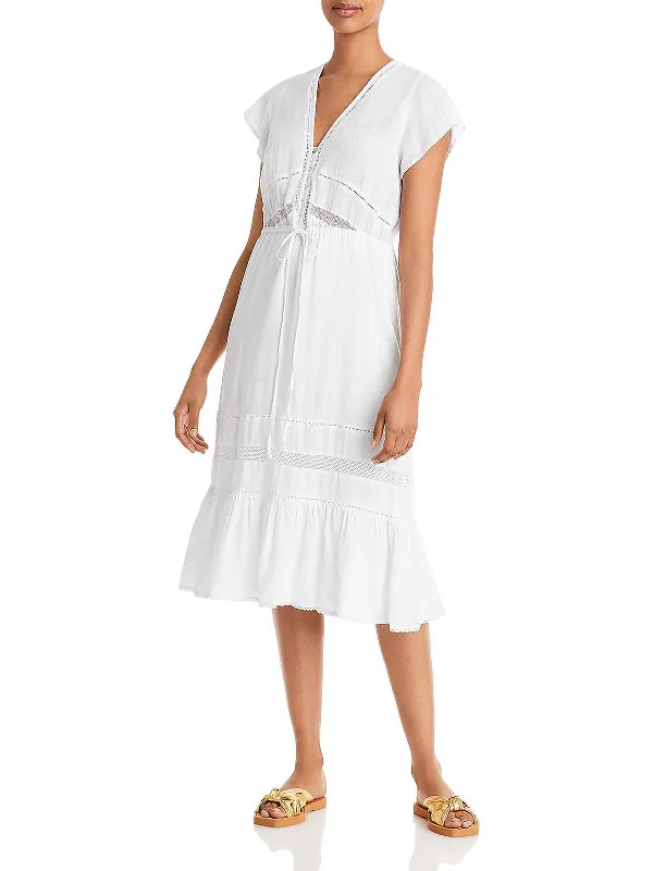 Womens Lace Inset Mid Calf Midi Dress Cozy T-shirt Midi Dress