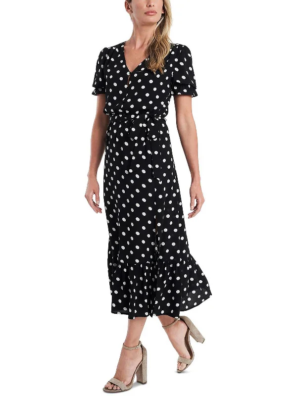 Womens Polka Dot Button Front Midi Dress Comfortable Casual Midi Dress