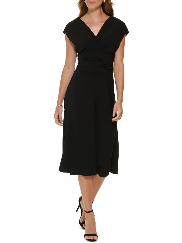 Womens Ruched V-Neck Midi Dress Trendy Off-Shoulder Button Midi Dress