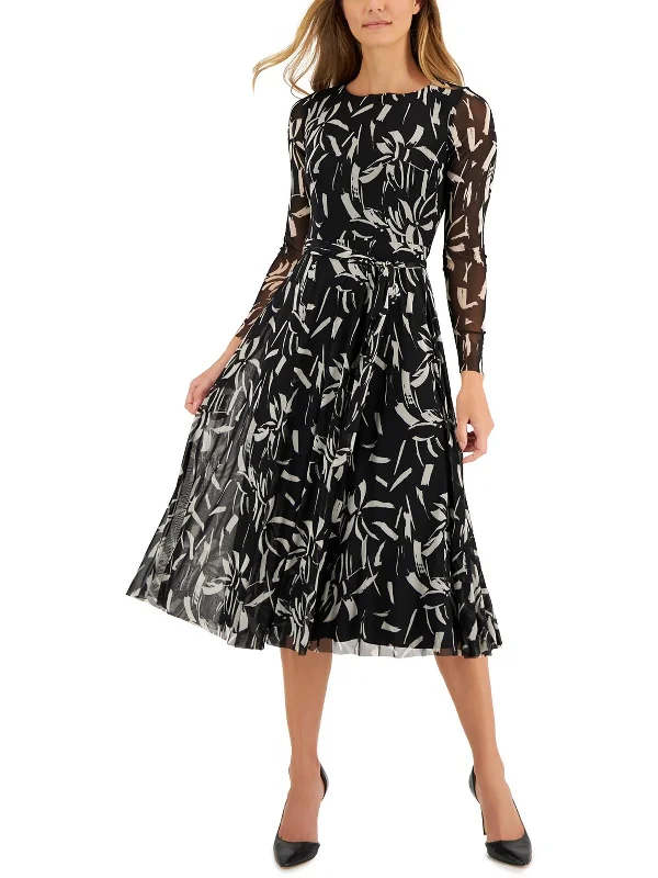 Womens Sheer Printed Midi Dress Trendy Tiered Hem Midi Dress