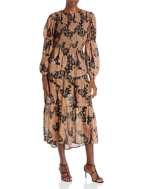 Womens Smocked Paisley Midi Dress Trendy Off-Shoulder Button Midi Dress