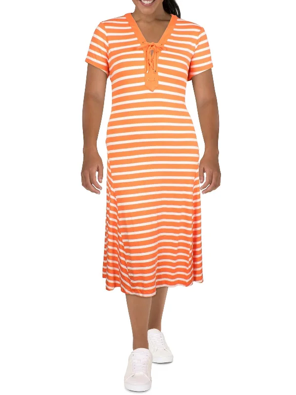 Womens Striped Lace-Up Midi Dress Trendy Bodycon Midi Dress