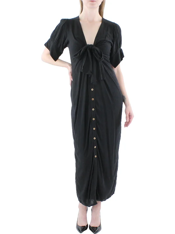 Womens Tie-Neck Puff Sleeve Midi Dress Stylish Button-Up Midi Dress