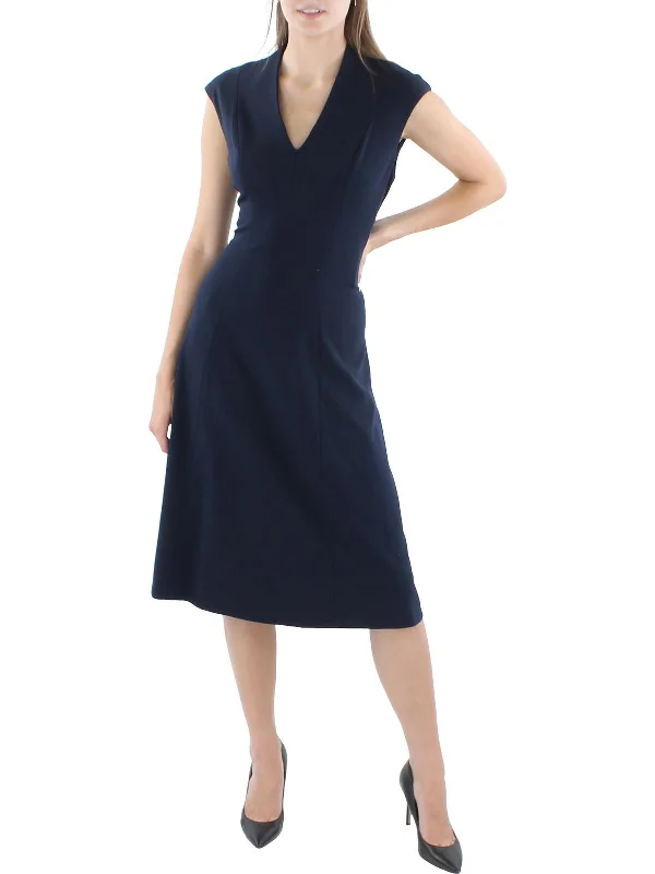 Womens V-Neck Cap Sleeve Midi Dress Comfortable Empire Waist Midi Dress