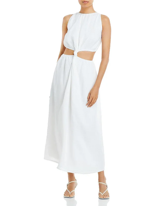 Zeta Womens Linen Floral Midi Dress Elegant Maxi-Midi Hybrid Dress