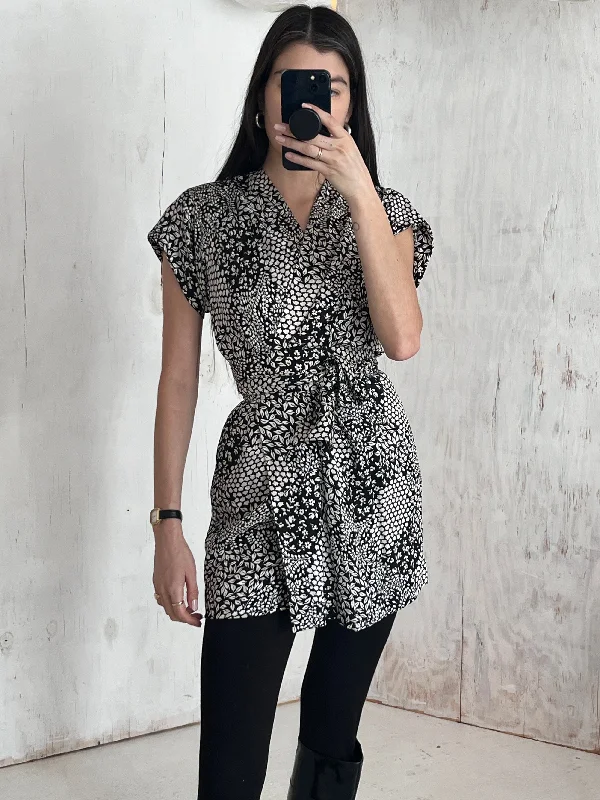 80s Givenchy B&W Graphic Silk Wrap-front Mini Dress Classic Floral Print Mini Dress