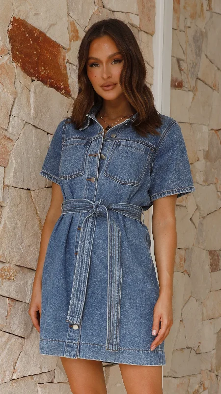 Achaia Denim Button Up Mini Dress - Dark Blue Casual Button-Up Mini Dress