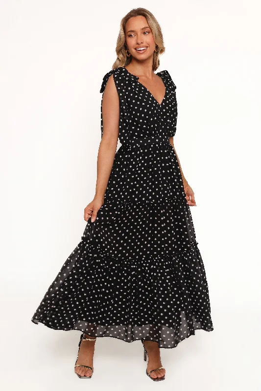 Ada Maxi Dress - Black Polka Dot Cozy Maxi Dress with Slit