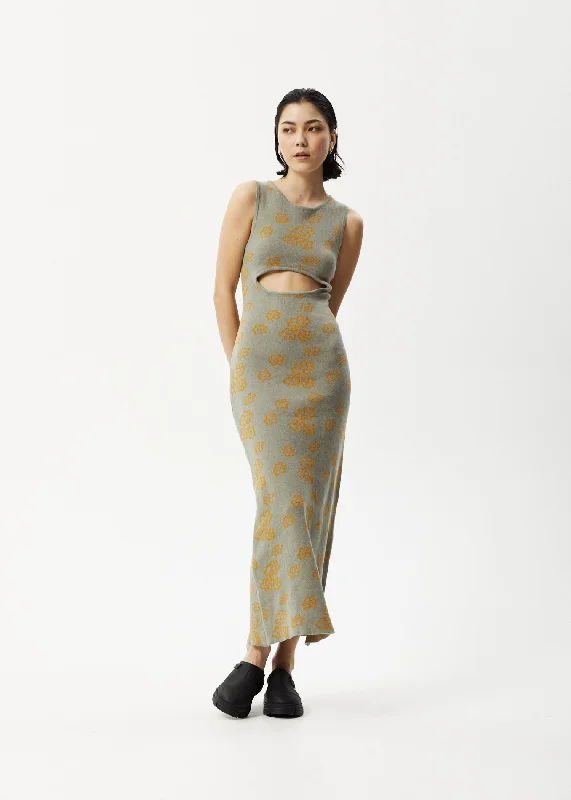 AFENDS Womens Clara - Knit Cut Out Maxi Dress - Olive Cozy Longline Maxi Dress