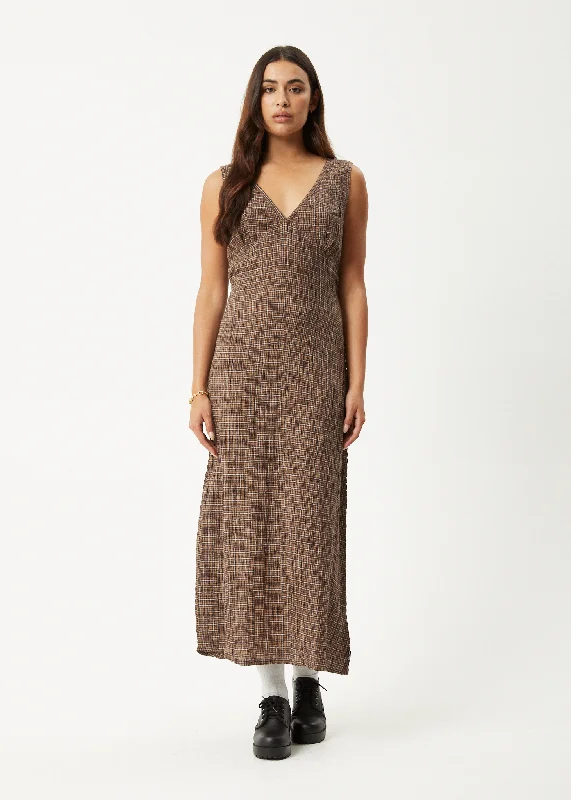 AFENDS Womens Hometown - Seersucker Check Maxi Dress - Coffee Stylish Off-Shoulder Maxi Dress AFENDS Womens Hometown - Seersucker Check Maxi Dress - Coffee Stylish Off-Shoulder Maxi Dress