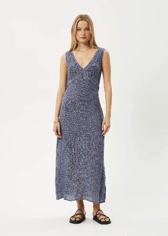 AFENDS Womens Shipwreck - Seersucker Check Maxi Dress - Marlin Comfortable Long-Sleeve Maxi Dress AFENDS Womens Shipwreck - Seersucker Check Maxi Dress - Marlin Comfortable Long-Sleeve Maxi Dress