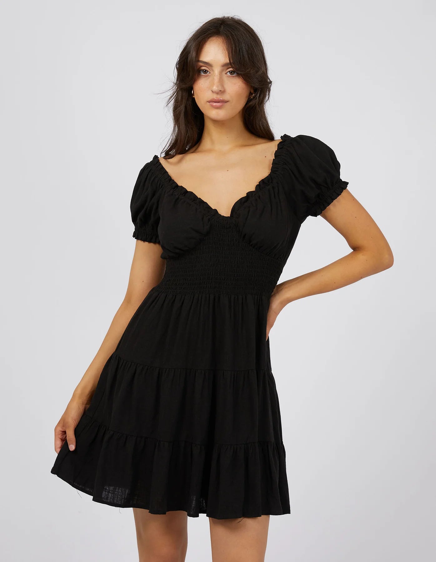 ALL ABOUT EVE LUXE LINEN MINI DRESS BLACK Trendy Off-Shoulder Dress Mini