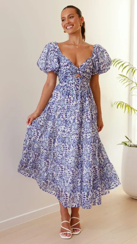 Balthazar Maxi Dress - Blue Floral Cozy Cold-Shoulder Maxi Dress