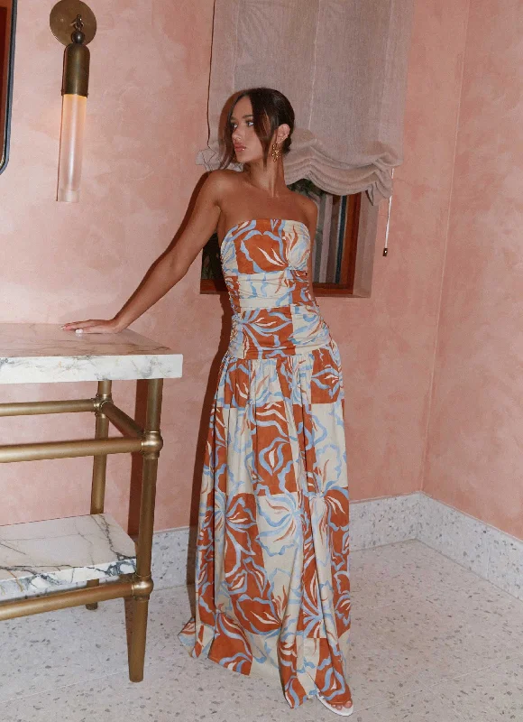 Carmel Maxi Dress - Orange Blue Floral Comfortable Pleated Maxi Dress