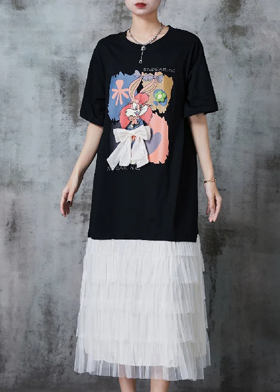 Casual Black Cartoon Bow Patchwork Cotton Maxi Dresses Summer QA1017 Trendy Fit-and-Flare Maxi Dress