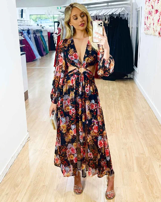 Chloe Chiffon Maxi Dress - Black Floral Cozy Open-Back Maxi Dress