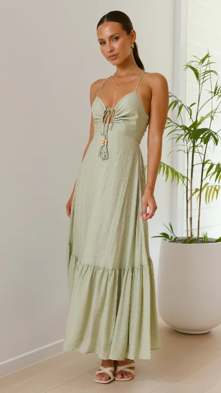 Dabney Maxi Dress - Sage Fashionable Maxi Dress with Fringe