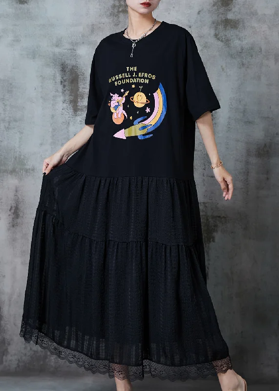 DIY Black Exra Large Hem Patchwork Cotton Maxi Dresses Summer QA1022 Trendy Maxi Dress with Bow
