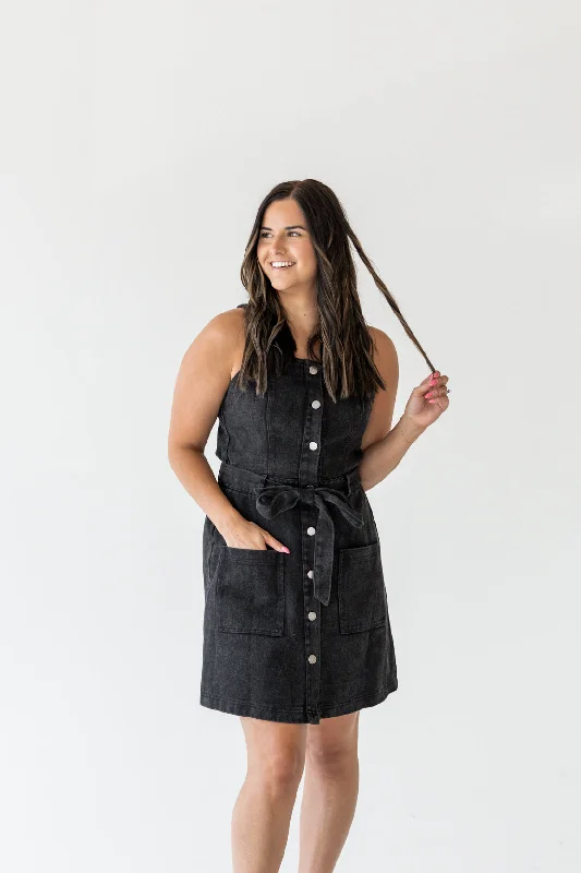 Brandi Button Down Mini Dress | Washed Black Comfortable Casual Mini Dress