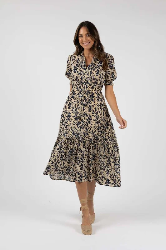 Eden Maxi Dress in Navy Print HS24311 by Humidity Lifestyle Stylish Pleated A-Line Maxi Dress