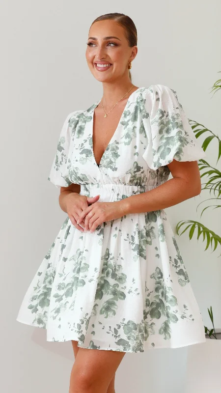 Erin Mini Dress - Green/White Floral Trendy Button-Detail Mini Dress