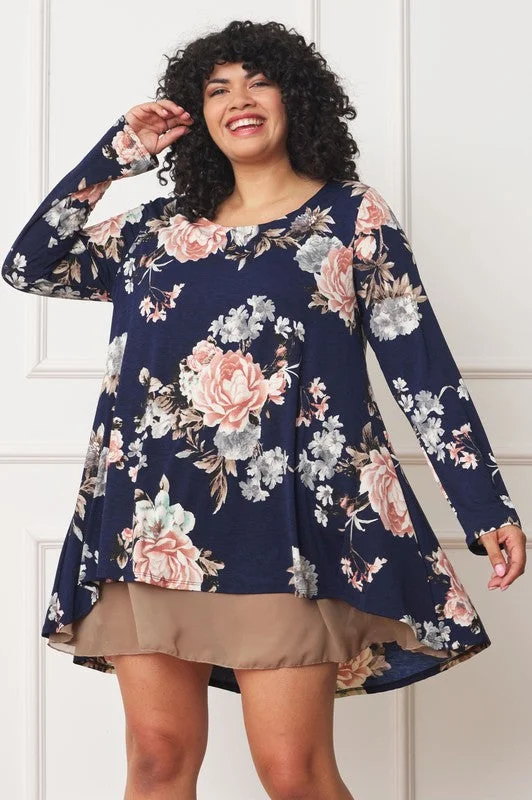 Plus Size Long sleeves round neck Floral Chiffon Layered Mini Dress Fashionable Mini Dress with Frills