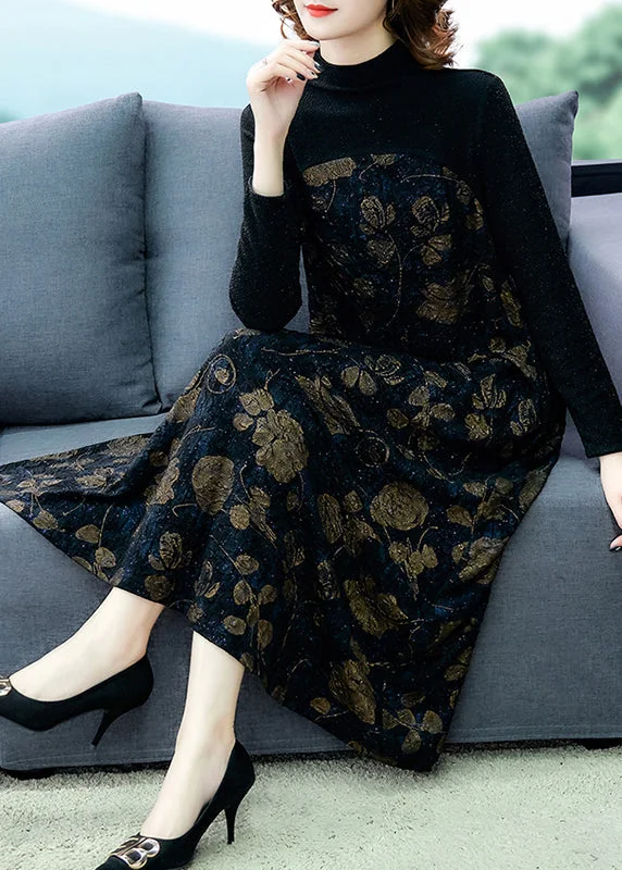 French Black Print Patchwork Warm Fleece Maxi Dress Spring OO041 Trendy Off-Shoulder Ruffle Maxi Dress French Black Print Patchwork Warm Fleece Maxi Dress Spring OO041 Trendy Off-Shoulder Ruffle Maxi Dress