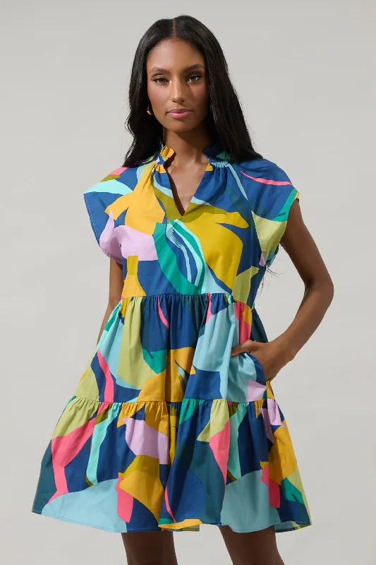 Gia Abstract Janelly Poplin Tiered Mini Dress Comfortable Casual Mini Dress