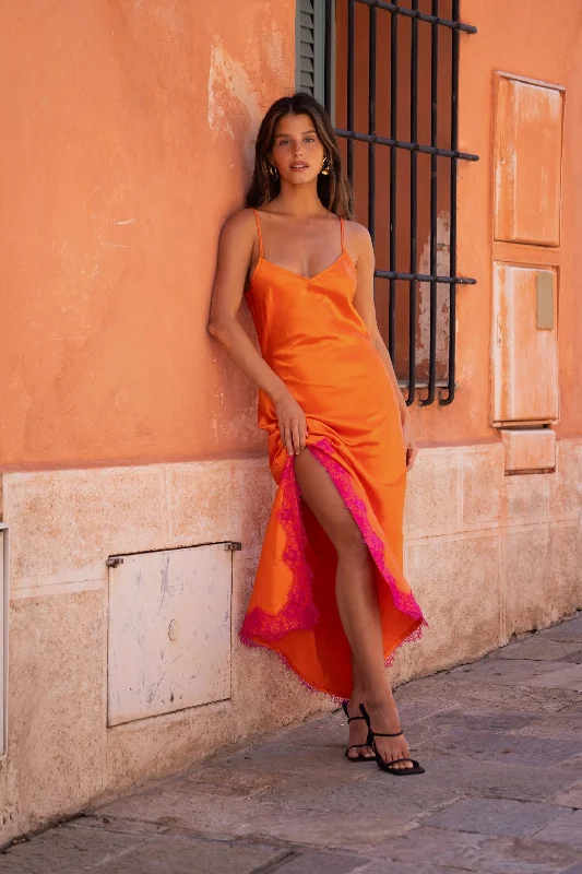 Gigi Orange Satin Maxi Dress Chic Sleeveless Maxi Dress