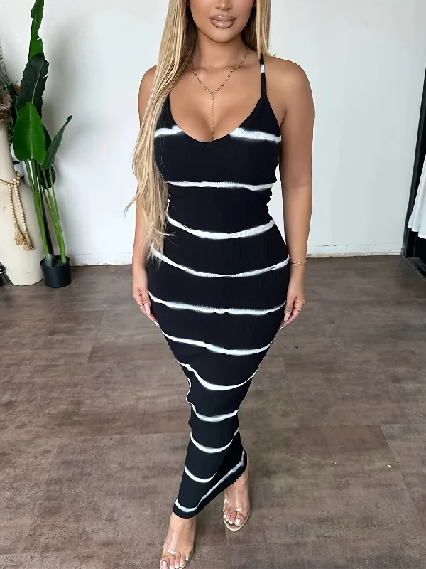 IKEARLAX Flattering Striped Cami Maxi Dress - Spaghetti Strap Bodycon for Vacation Chic - Womens Summer Wardrobe Essential Elegant Maxi Dress with Slit