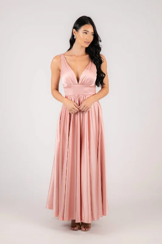 ISABEL A-Line Satin Maxi Dress - Pink Chic Off-Shoulder Maxi Dress