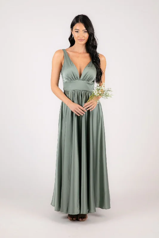 ISABEL A-Line Satin Maxi Dress - Sage Green Stylish Maxi Dress with Frills