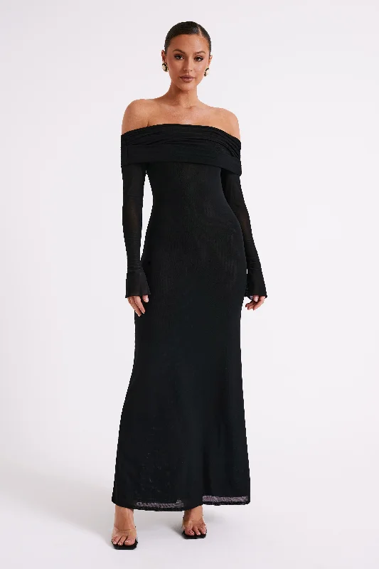 Josie Off Shoulder Mesh Maxi Dress - Black Elegant Maxi Dress with Slit