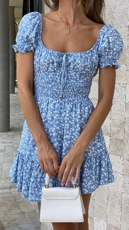Kori Mini Dress - Blue Floral Comfortable Polka Dot Mini Dress