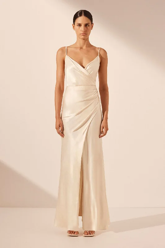 LA LUNE CROSS DRAPED MAXI DRESS - CREAM Cozy Cold-Shoulder Maxi Dress