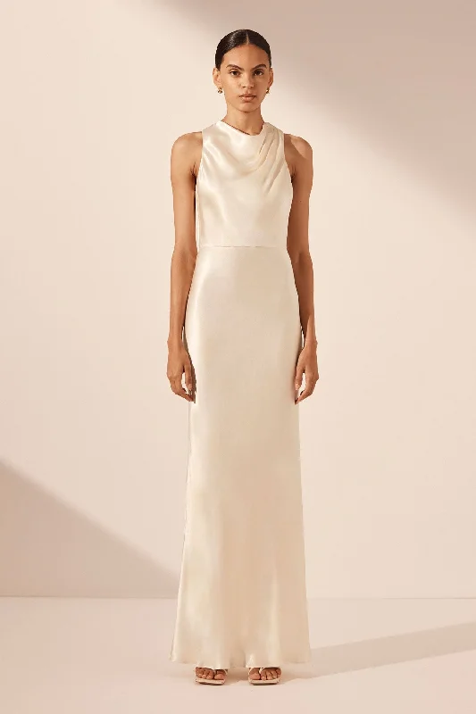 LA LUNE HIGH NECK MAXI DRESS - CREAM Stylish V-Neck Maxi Dress
