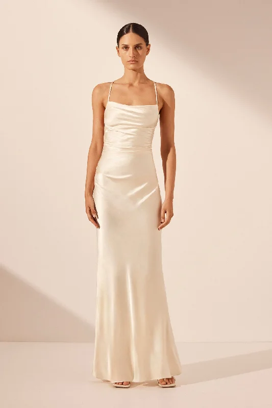 LA LUNE LACE BACK MAXI DRESS - CREAM Trendy Satin Maxi Dress