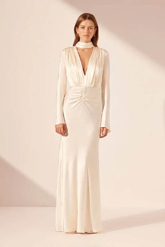 LA LUNE PLUNGED LONG SLEEVE MAXI DRESS - CREAM Fashionable Maxi Dress with Fringe