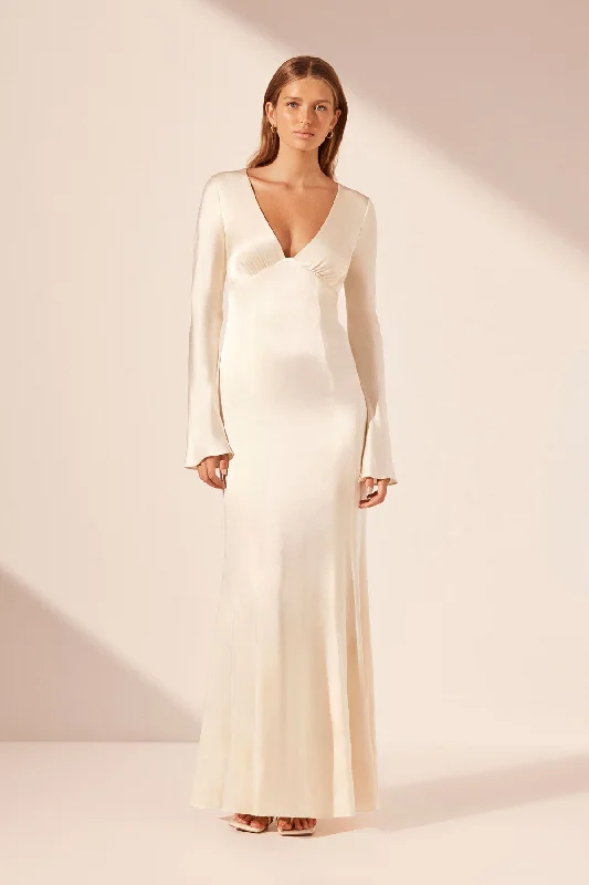 LA LUNE PLUNGED PANELLED MAXI DRESS - CREAM Comfortable Plunging Neckline Maxi Dress