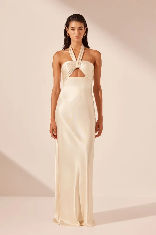 LA LUNE RUCHED HALTER MAXI DRESS - CREAM Trendy Fit-and-Flare Maxi Dress