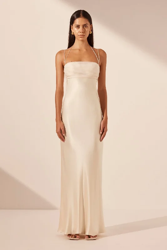 LA LUNE RUCHED TIE MAXI DRESS - CREAM Stylish Long Sleeve Maxi Dress